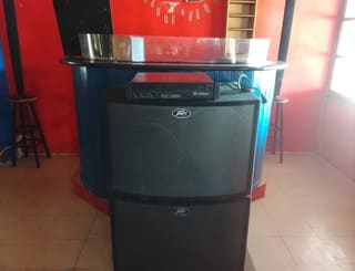 A set of peavy subs plus amp , audio controller and Martin lighting equipment . 