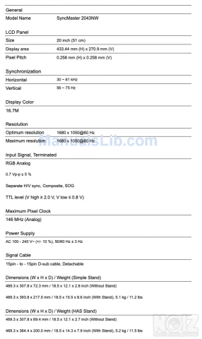 Samsung Monitor 20'' 2043 NW