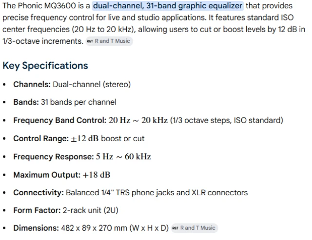 Equalizer Phonic MQ 3600 (Dual 31-Band Graphic EQ)