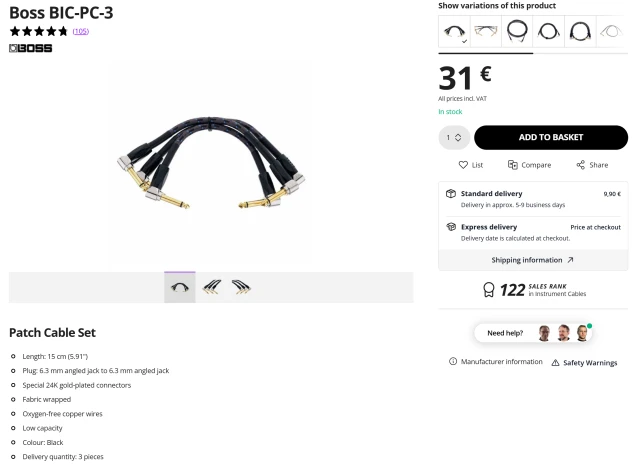 Boss BIC-PC-3 Patch Cables